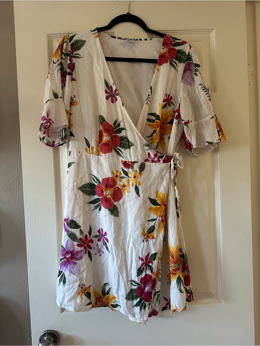Old Navy White Floral Wrap Mini Dress with Pink & Yellow Flowers